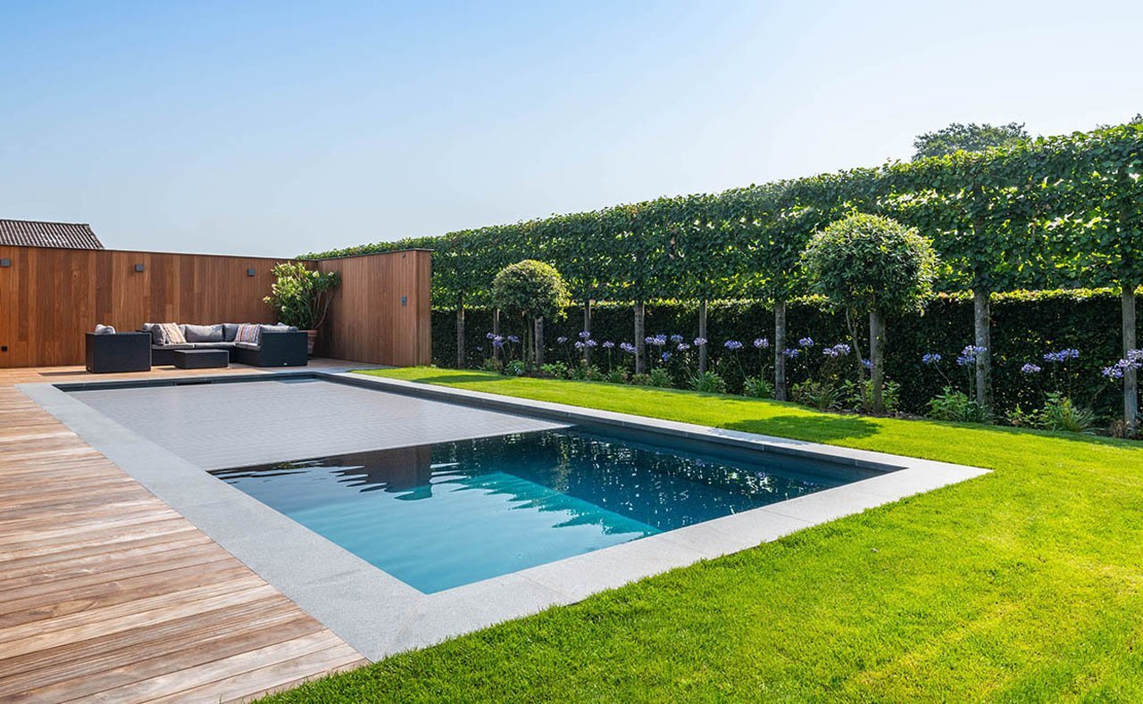 Swimming pool in the garden with a hedge Swimming pool in the garden with a hedge